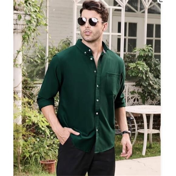 Alimens & Gentle Men's Long Sleeve Button Down Shirts with Pocket Dark Green 2XL - Picture 1 of 4